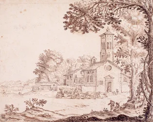 Paysage, église et carrosse